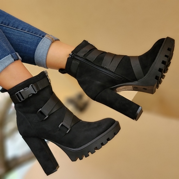 Women's Platform Ankle Boots Chunky Heel Boots Black Color - Picture 3 of 6